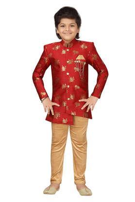 floral brocade collar neck boys sherwani set - red