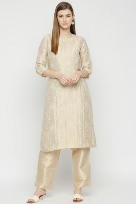 floral brocade round neck women's kurti - ivory