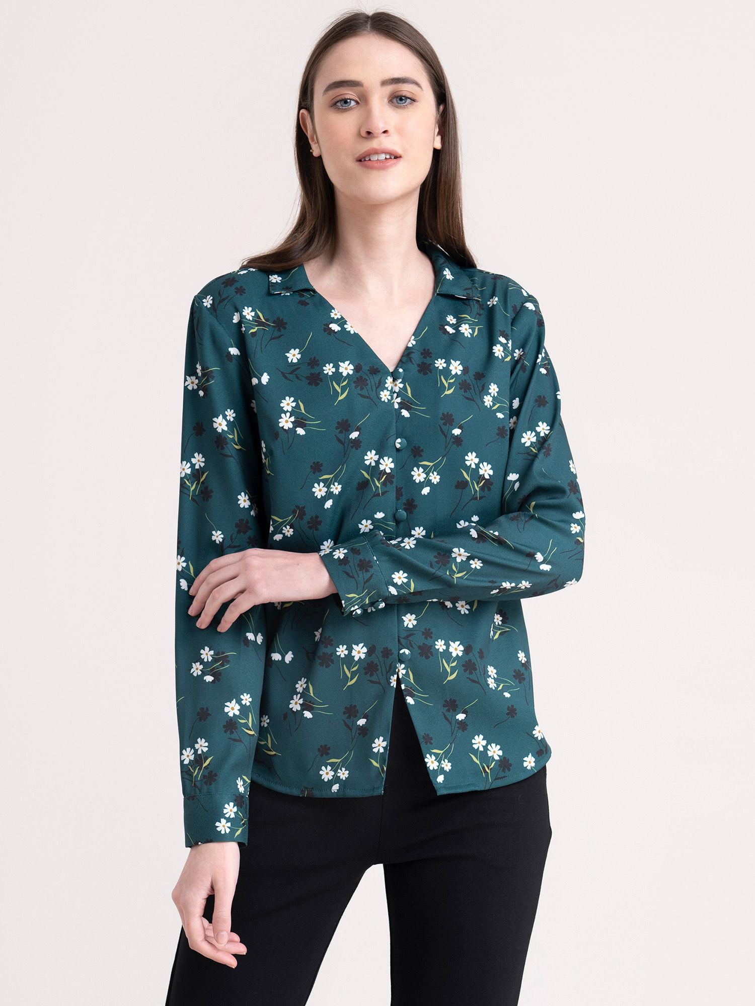 floral button down top dark green