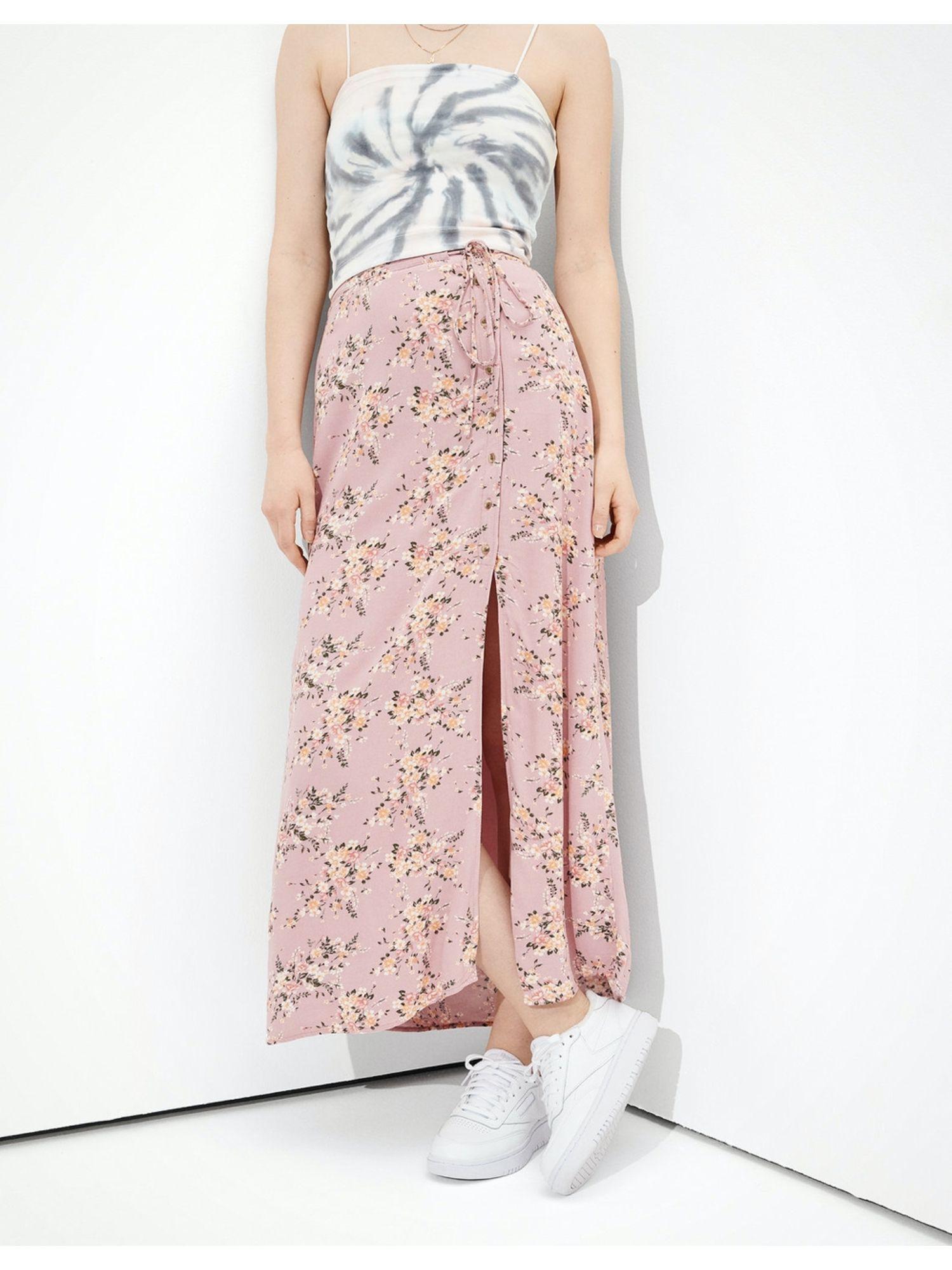 floral button-up slit midi skirt