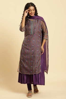 floral calf length blended fabric woven women's kurta set - purple