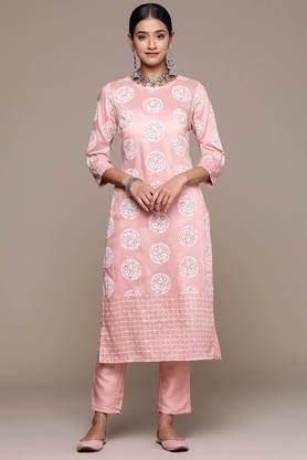 floral calf length chiffon knit women's kurta pant set - peach