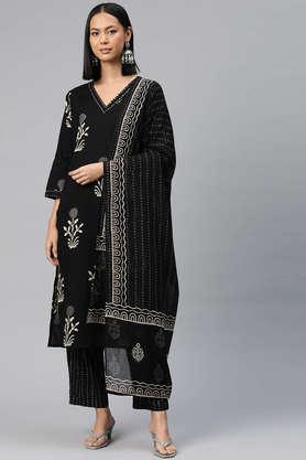 floral calf length cotton women's kurta set - black