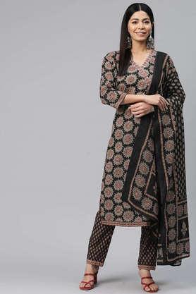 floral calf length cotton women's kurta set - black