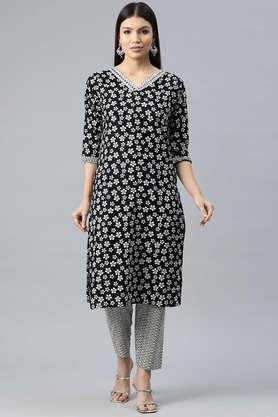 floral calf length cotton women's kurta set - black