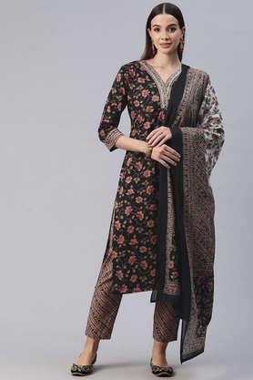 floral calf length cotton women's kurta set - black