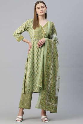 floral calf length cotton women's kurta set - green
