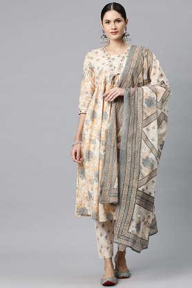 floral calf length cotton women's kurta set - natural