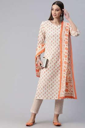 floral calf length cotton women's kurta set - orange