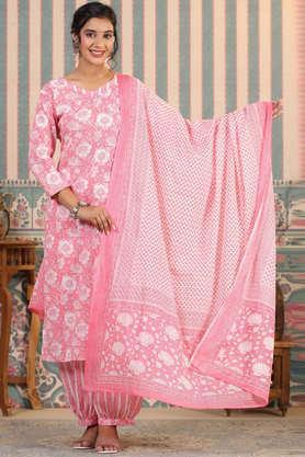 floral calf length cotton women's kurta set - pink