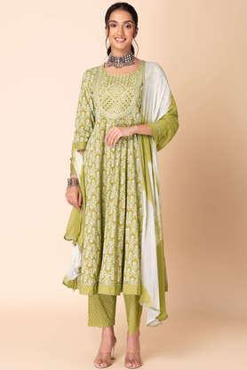 floral calf length cotton woven women's kurta pant dupatta set - green