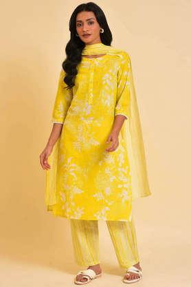 floral calf length cotton woven women's kurta pant dupatta set - yellow