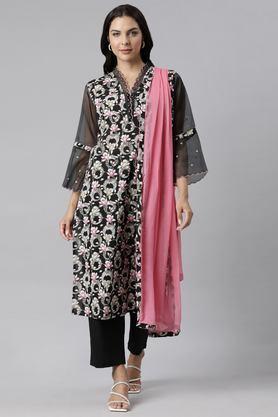 floral calf length cotton woven women's kurta set - black