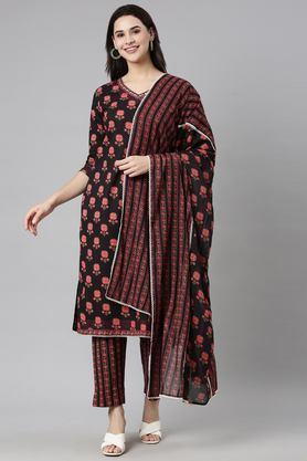 floral calf length cotton woven women's kurta set - black