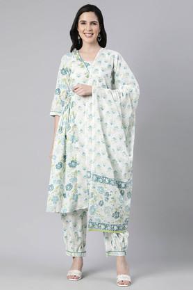 floral calf length cotton woven women's kurta set - green