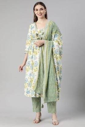 floral calf length cotton woven women's kurta set - green