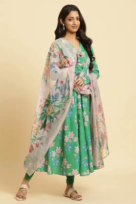 floral calf length cotton woven women's kurta set - green