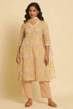 floral calf length cotton woven women's kurta set - multi
