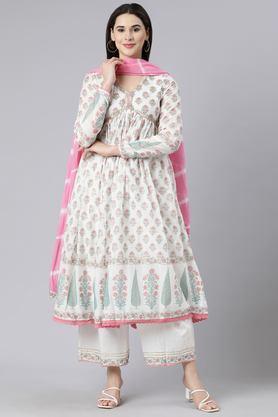 floral calf length cotton woven women's kurta set - pink