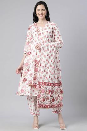 floral calf length cotton woven women's kurta set - pink