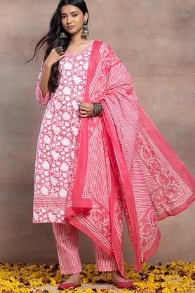 floral calf length cotton woven women's kurta set - pink