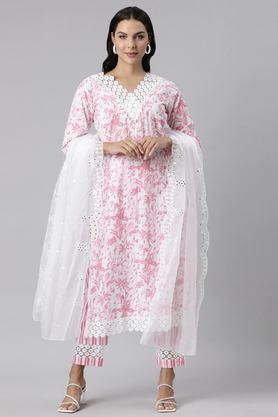 floral calf length cotton woven women's kurta set - pink