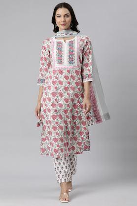 floral calf length cotton woven women's kurta set - pink