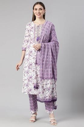 floral calf length cotton woven women's kurta set - purple