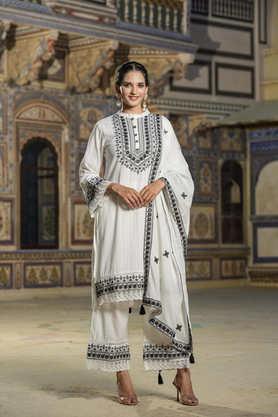 floral calf length cotton woven women's kurta set - white