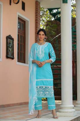 floral calf length cotton woven women's salwar kurta dupatta set - sky blue