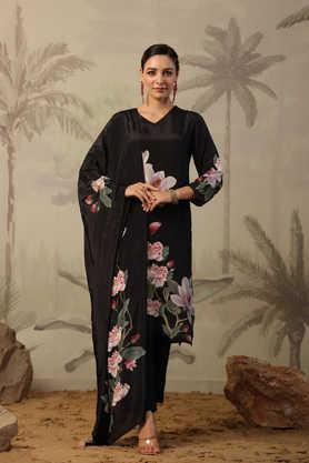 floral calf length crepe woven women's kurta set - black