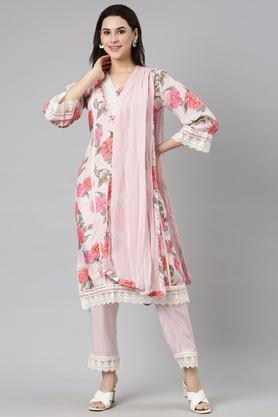 floral calf length modal woven women's kurta set - baby pink