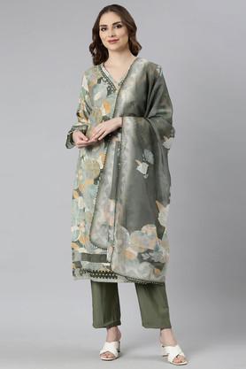 floral calf length modal woven women's kurta set - pista green