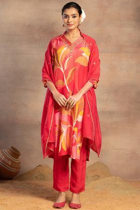 floral calf length muslin woven women's kurta set - pink