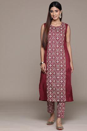 floral calf length polyester woven women's kurta set - red