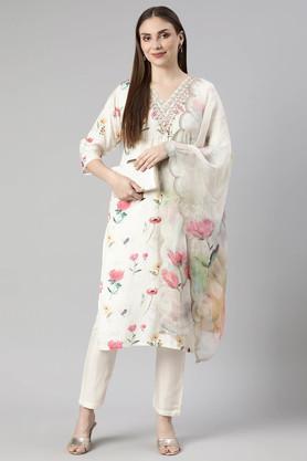 floral calf length raw silk woven women's kurta set - cream