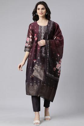 floral calf length raw silk woven women's kurta set - grape