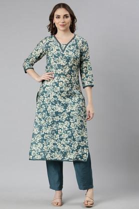 floral calf length raw silk woven women's kurta set - green