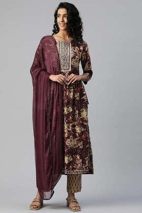 floral calf length rayon women's kurta set - purple