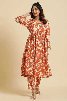 floral calf length rayon woven women's kurta palazzo set - orange