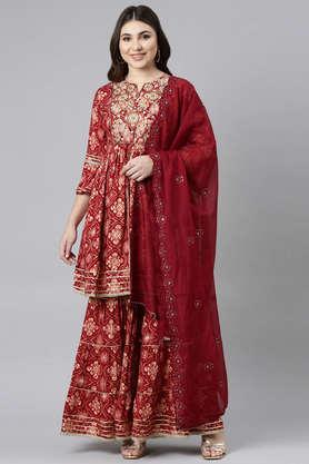 floral calf length rayon woven women's salwar kurta dupatta set - maroon