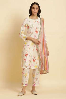 floral calf length viscose woven women's kurta pant dupatta set - natural
