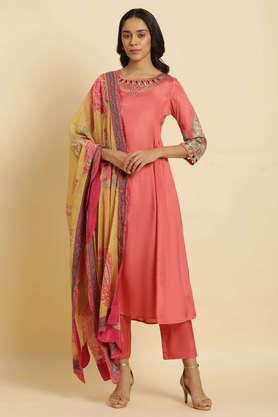 floral calf length viscose woven women's kurta pant dupatta set - peach