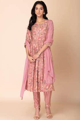 floral calf length viscose woven women's kurta pant dupatta set - pink