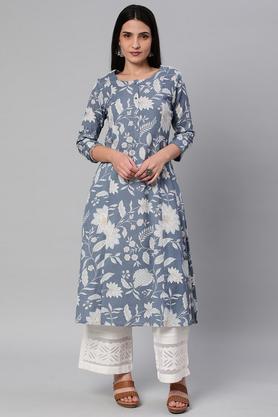 floral cambric a line fit men's kurta - blue