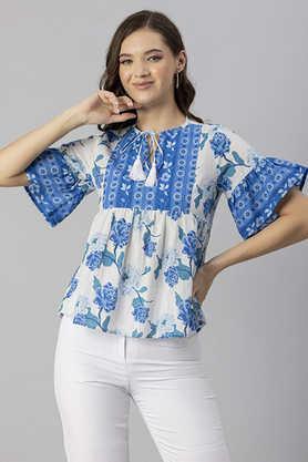 floral cambric round neck women's top - blue