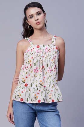 floral cambric square neck women's top - green
