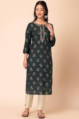 floral chanderi round neck women's casual wear kurta - black