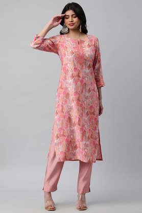 floral chanderi round neck women's festive wear kurta - peach