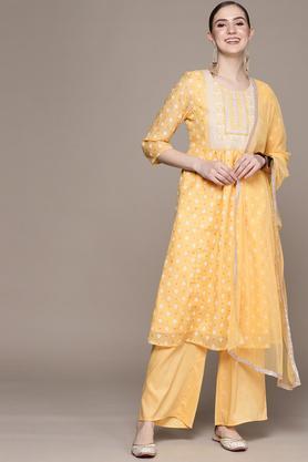 floral chanderi round neck women's kurta palazzo dupatta set - yellow